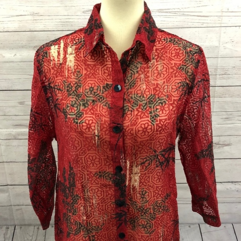 Chico's Red Linen-Blend Floral Blouse Sz M